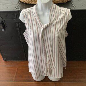 Porophrose Sleeveless Striped Blouse with Bow Tie Large
